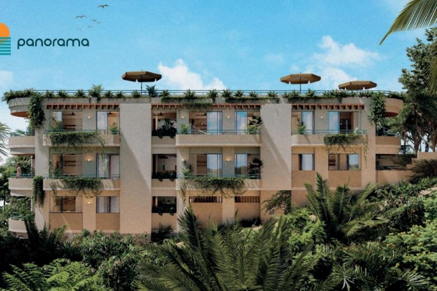 Panorama building facade among palms, render