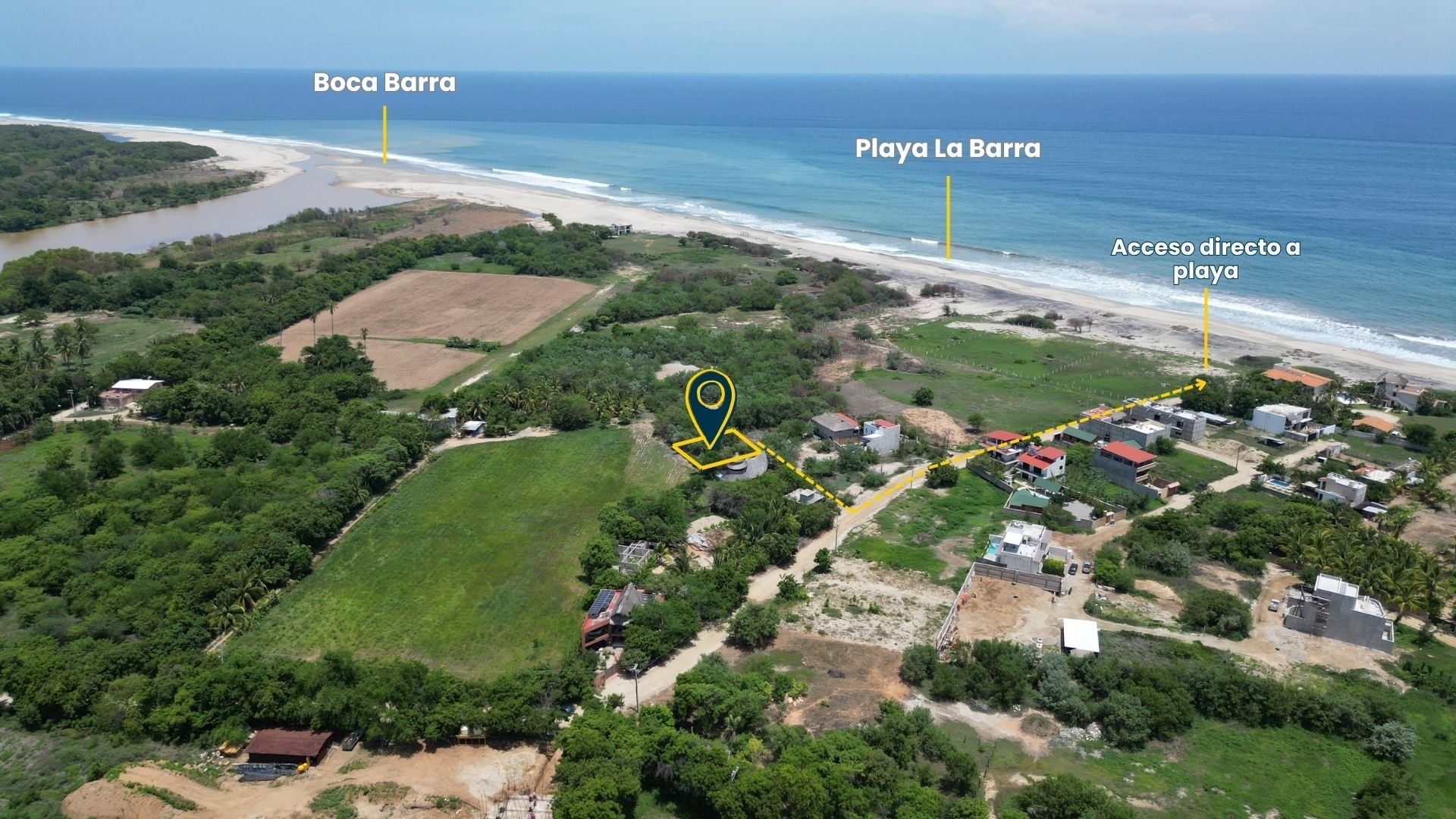 Vista aérea del terreno, la boca del río y el acceso a la playa, La Barra