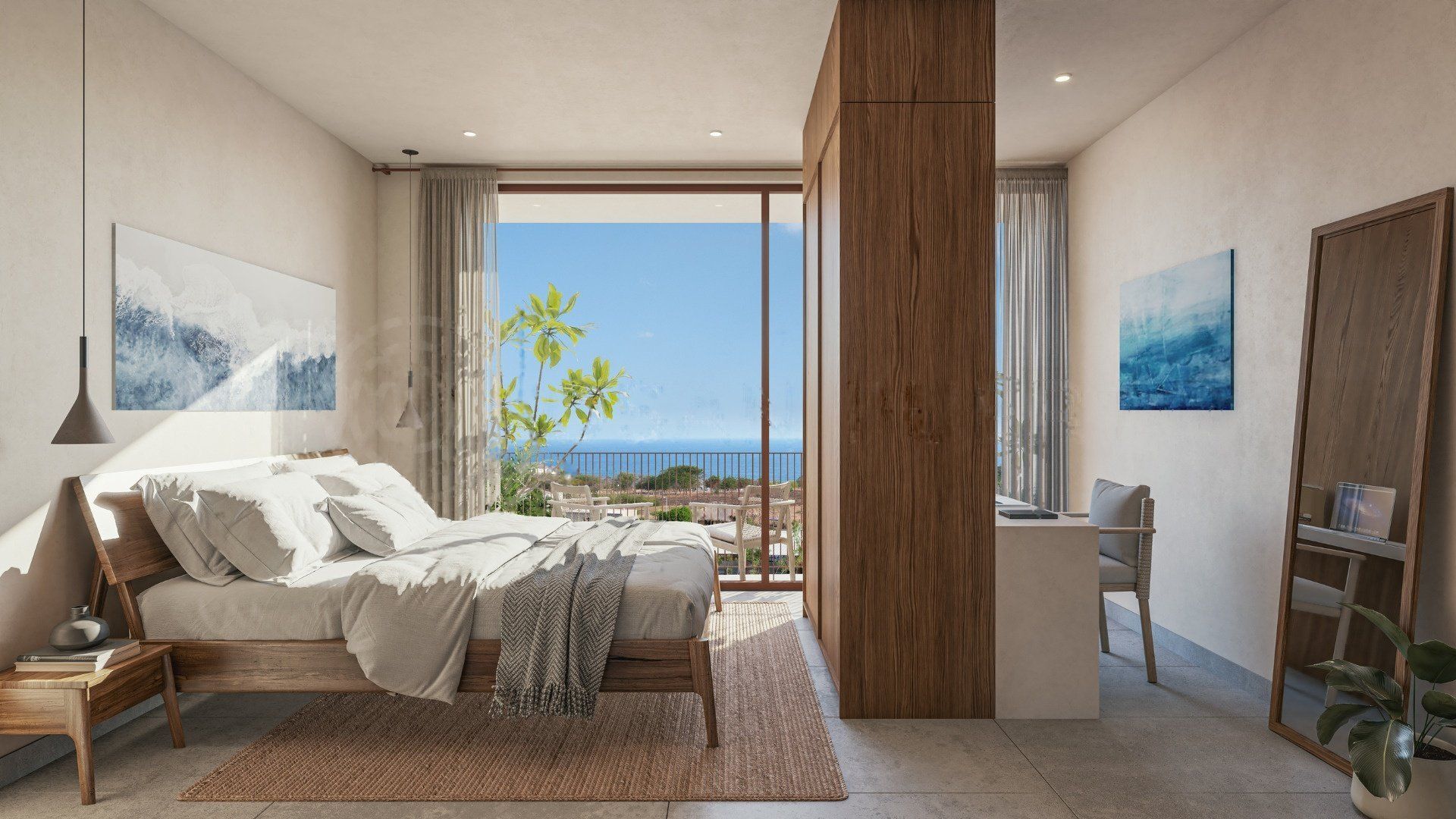 Bedroom opening onto a balcony with ocean view, render