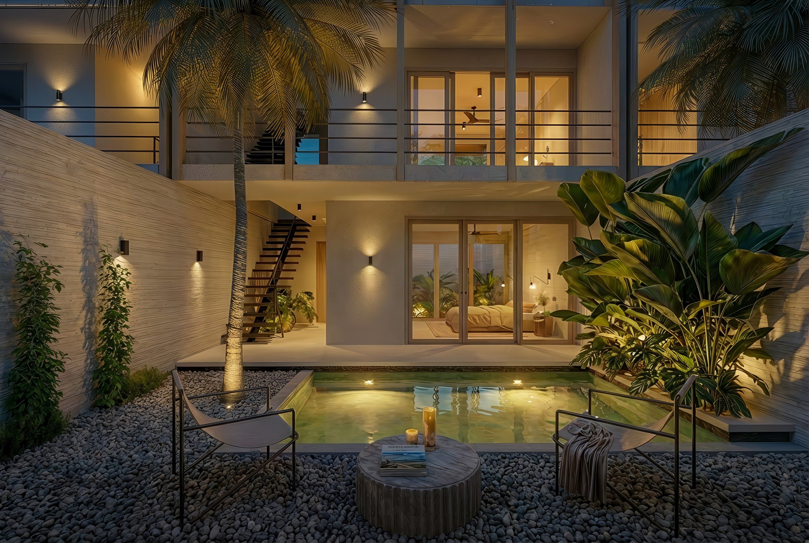 Rendu de la piscine du patio au crépuscule, Casa Mía, La Barra de Colotepec