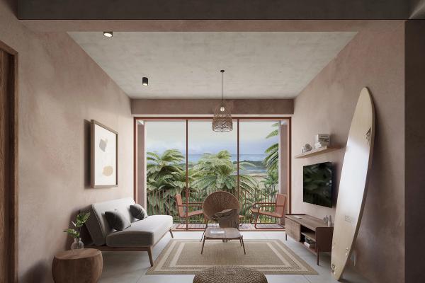 Séjour ouvert sur le balcon, rendu