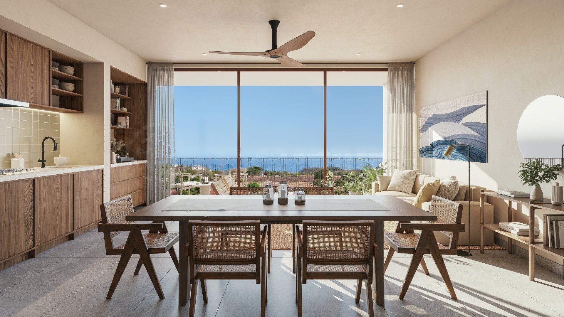 Dining and living area with ocean view, render, One Pacific, Rinconada