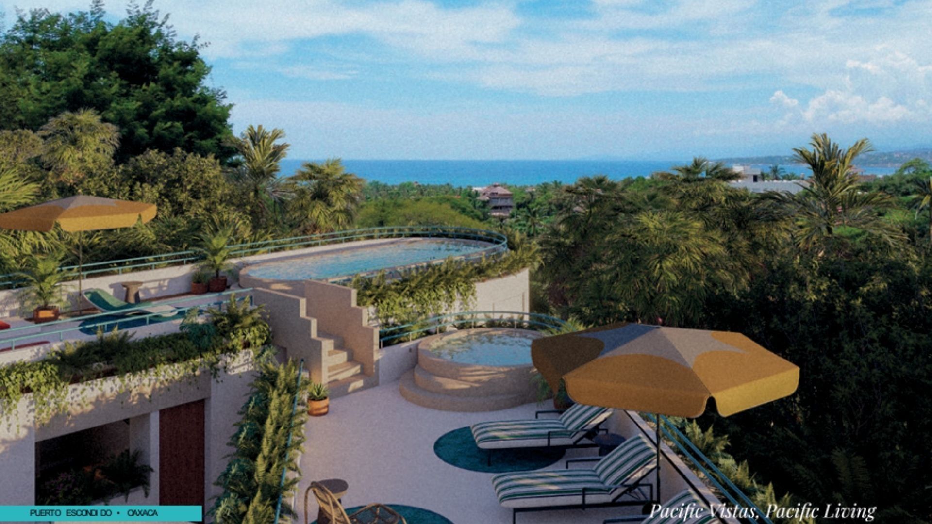 Rooftop pool and jacuzzi with ocean view, render