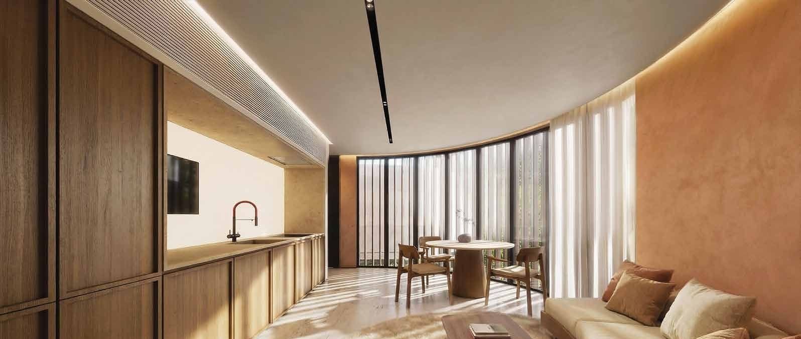Render of the living area and kitchen, Bellacocho, Bacocho