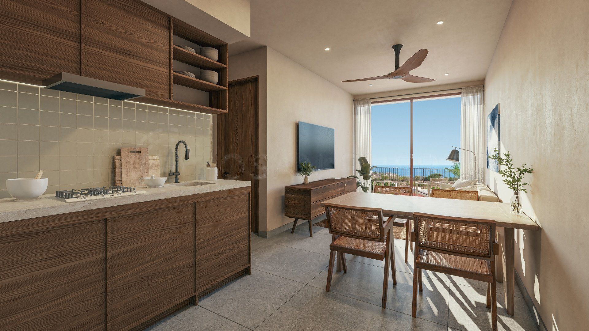 Kitchen and dining area, render
