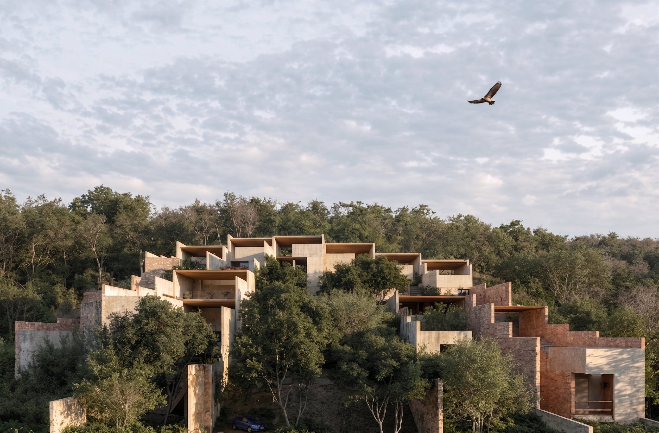 Render of the stepped residences among the trees, Terrazas de Nisa, La Barra de Colotepec