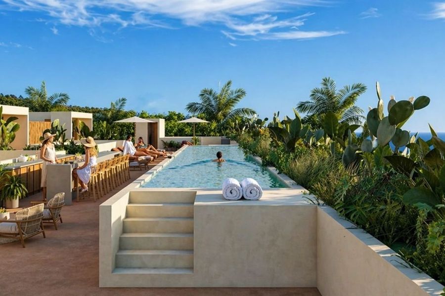 Rooftop pool and lounge with ocean view, render