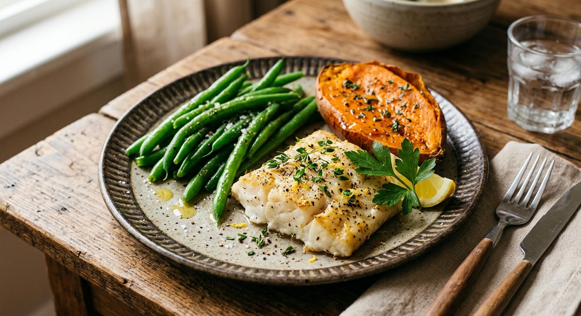Baked white fish, steamed green beans, half a sweet potato