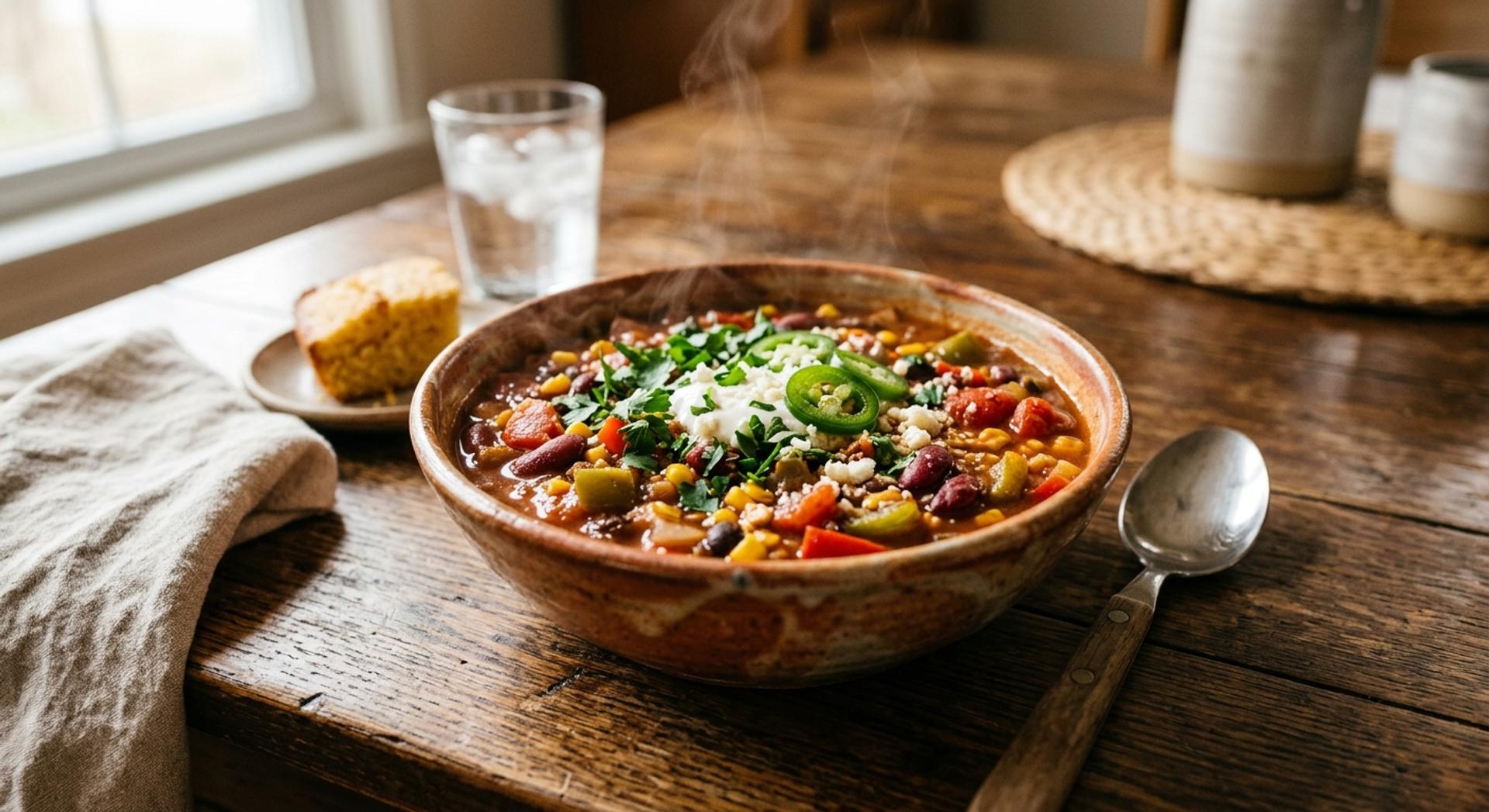 Hearty bowl of bean and vegetable chili