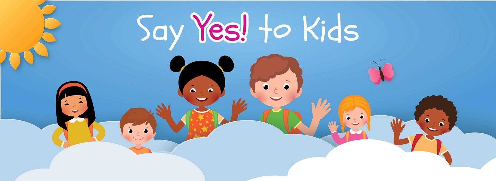 Say Yes! to Kids banner with happy kids playing in the clouds