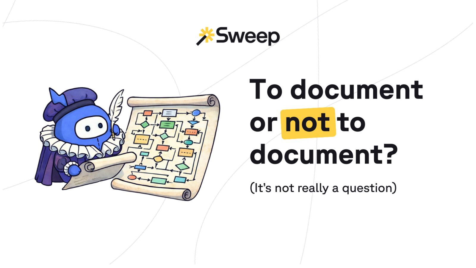 Robot with a quill pen inspecting a long scroll that's filled with flow charts