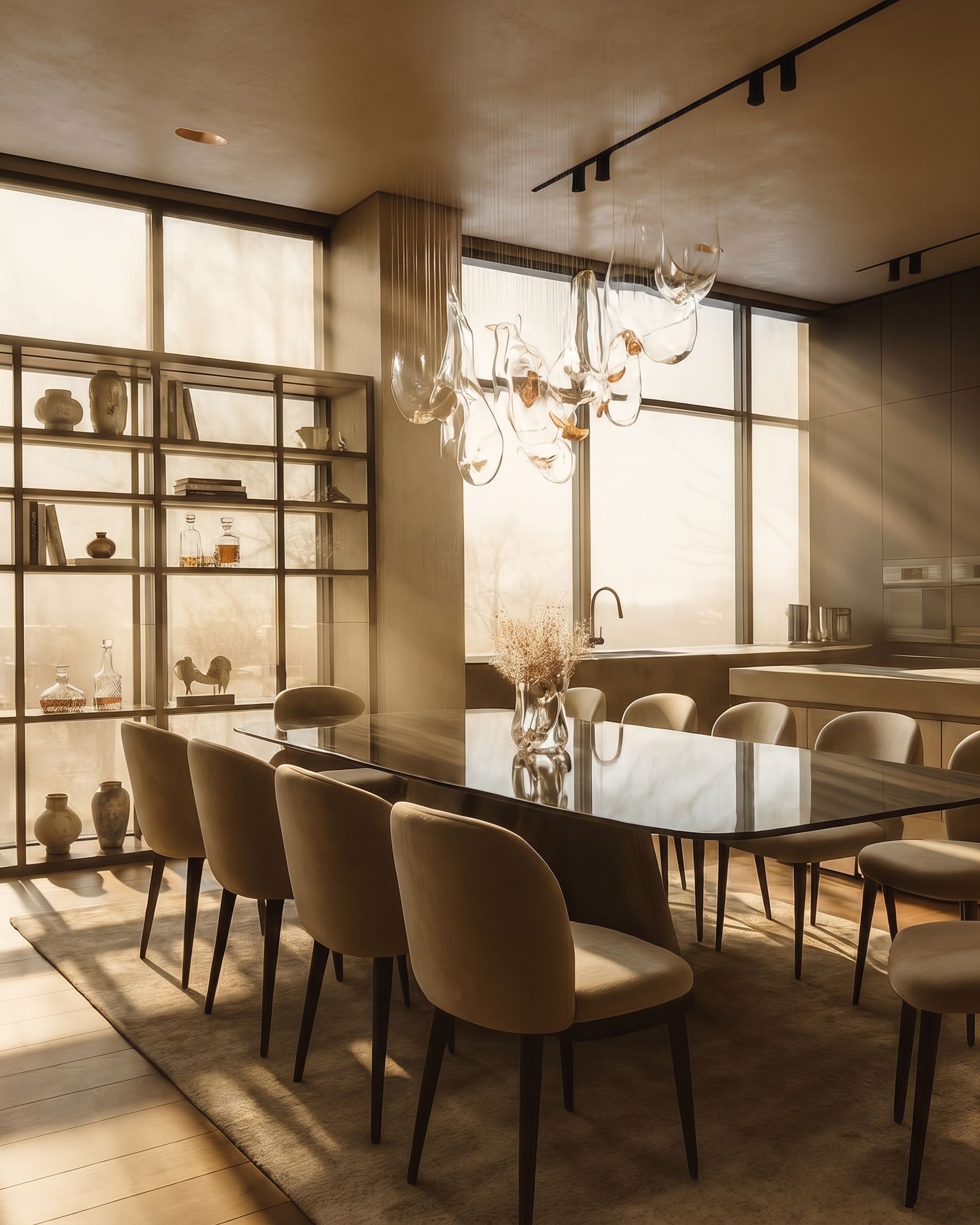 Long dining table with upholstered chairs beneath sculptural lighting