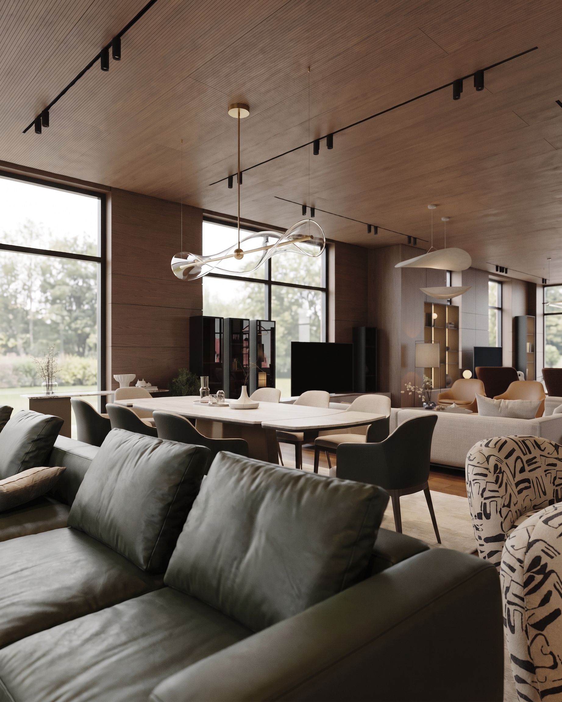 Curved dining composition in olive and warm timber tones