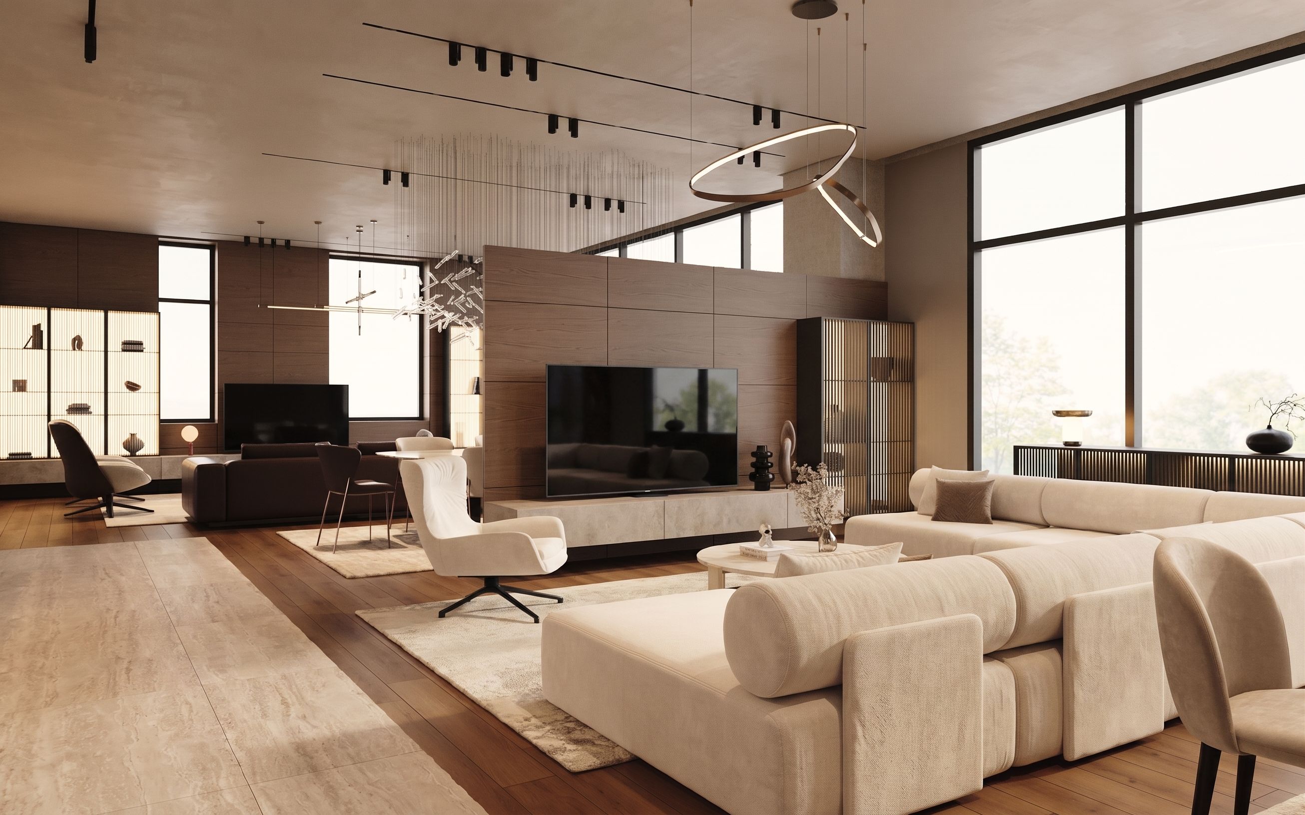 Open living room with curved seating, low tables and warm timber surfaces