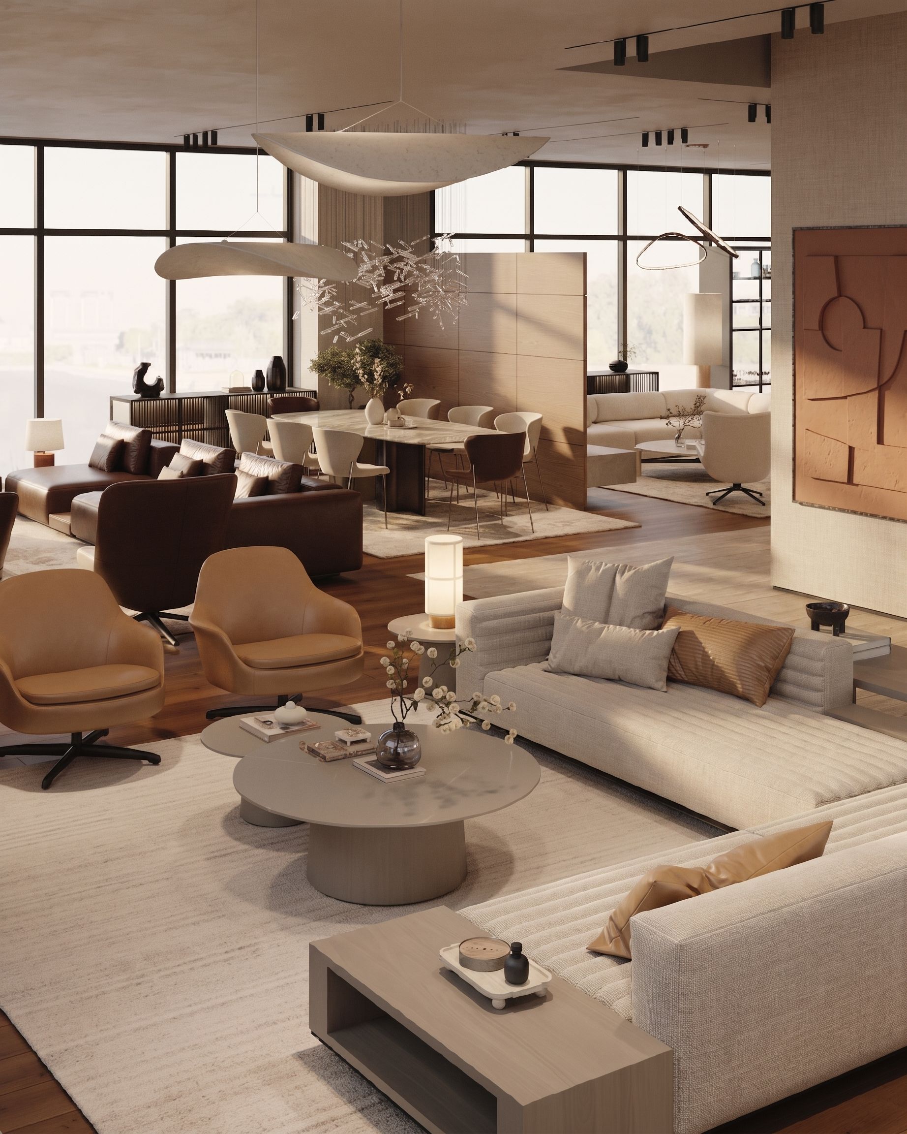 Curved lounge seating arranged around a low sculptural table