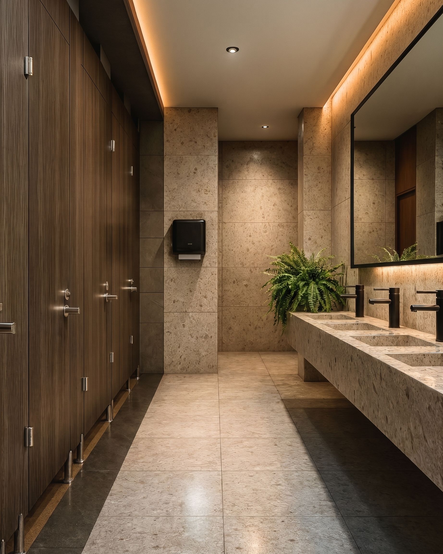 Stone vanity and warm timber detailing in a considered interior