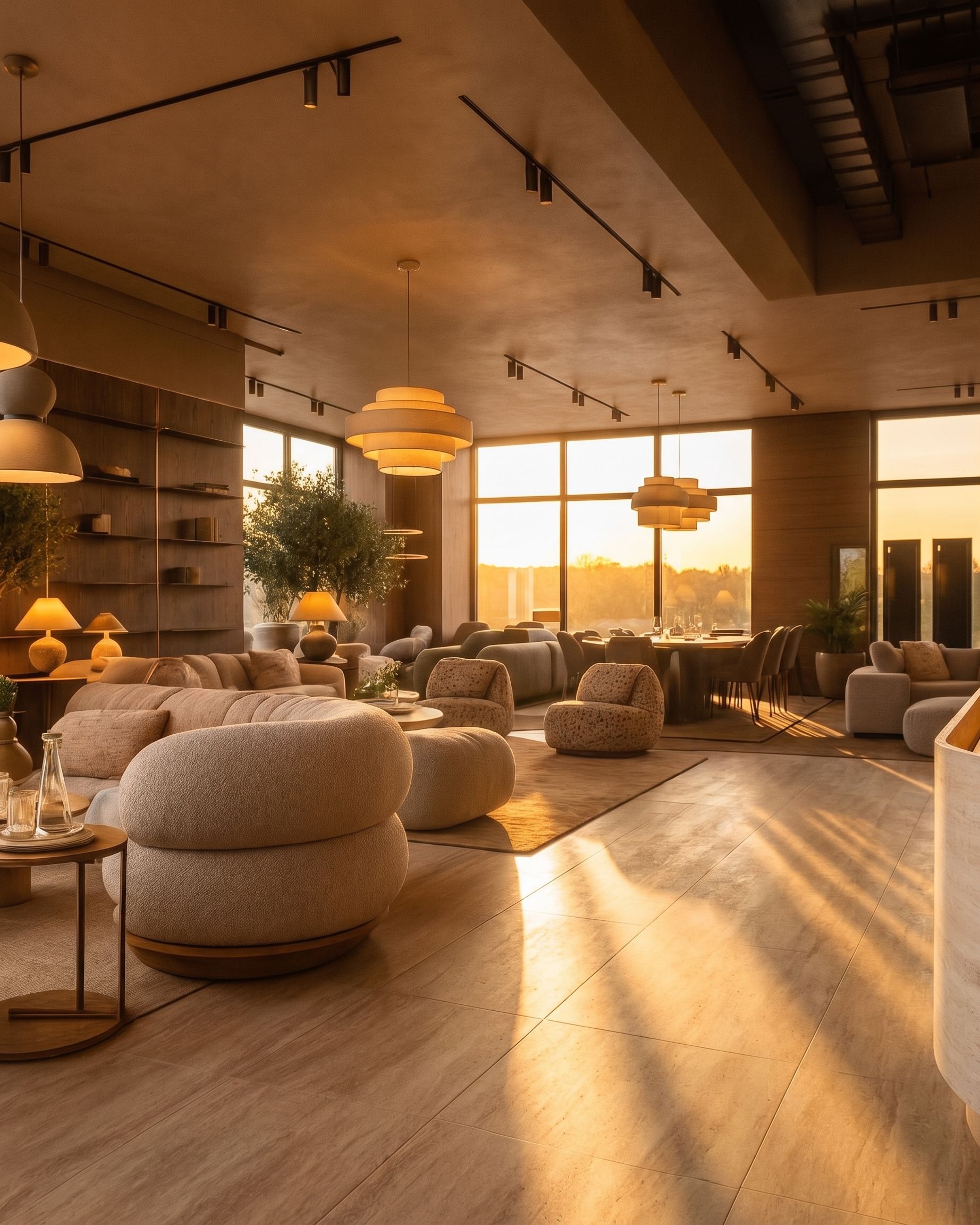 Dark timber-toned room illuminated by focused pools of evening light