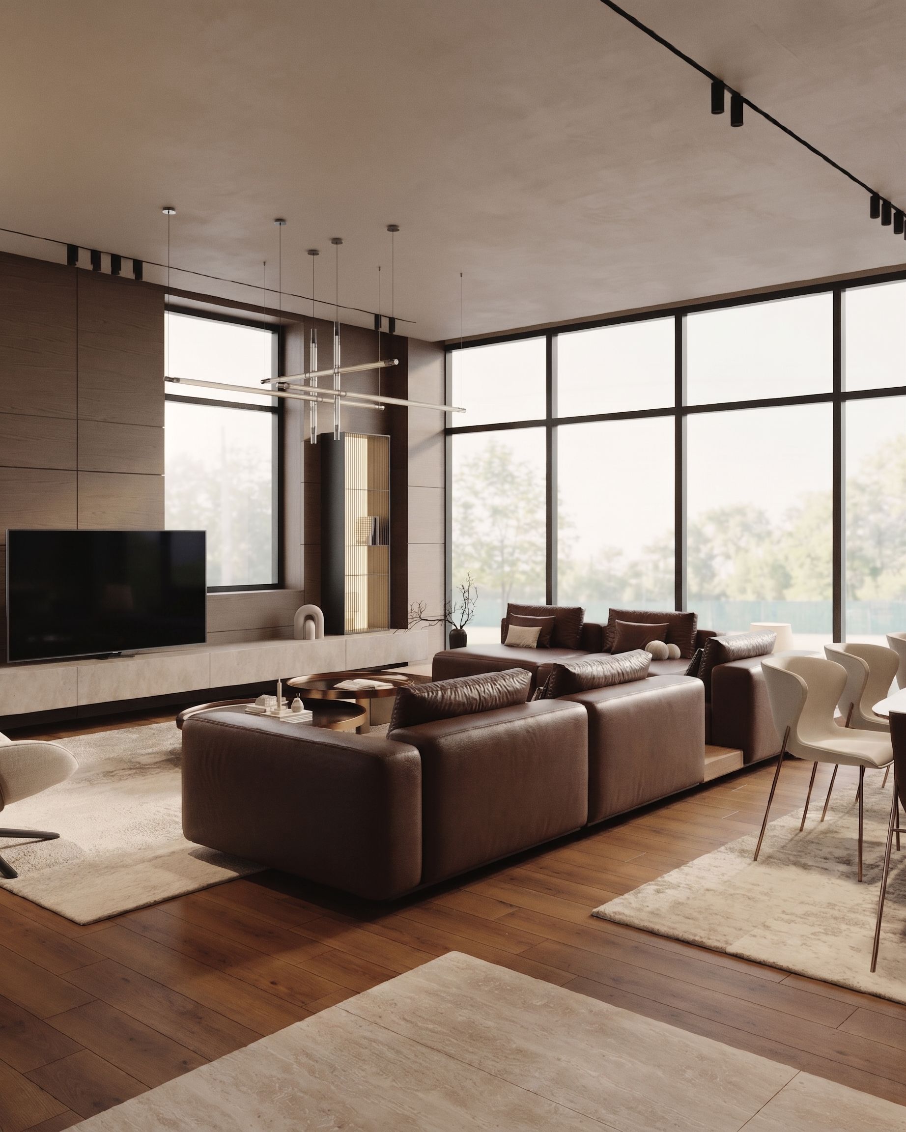 Low lounge seating with a grounded dark timber profile