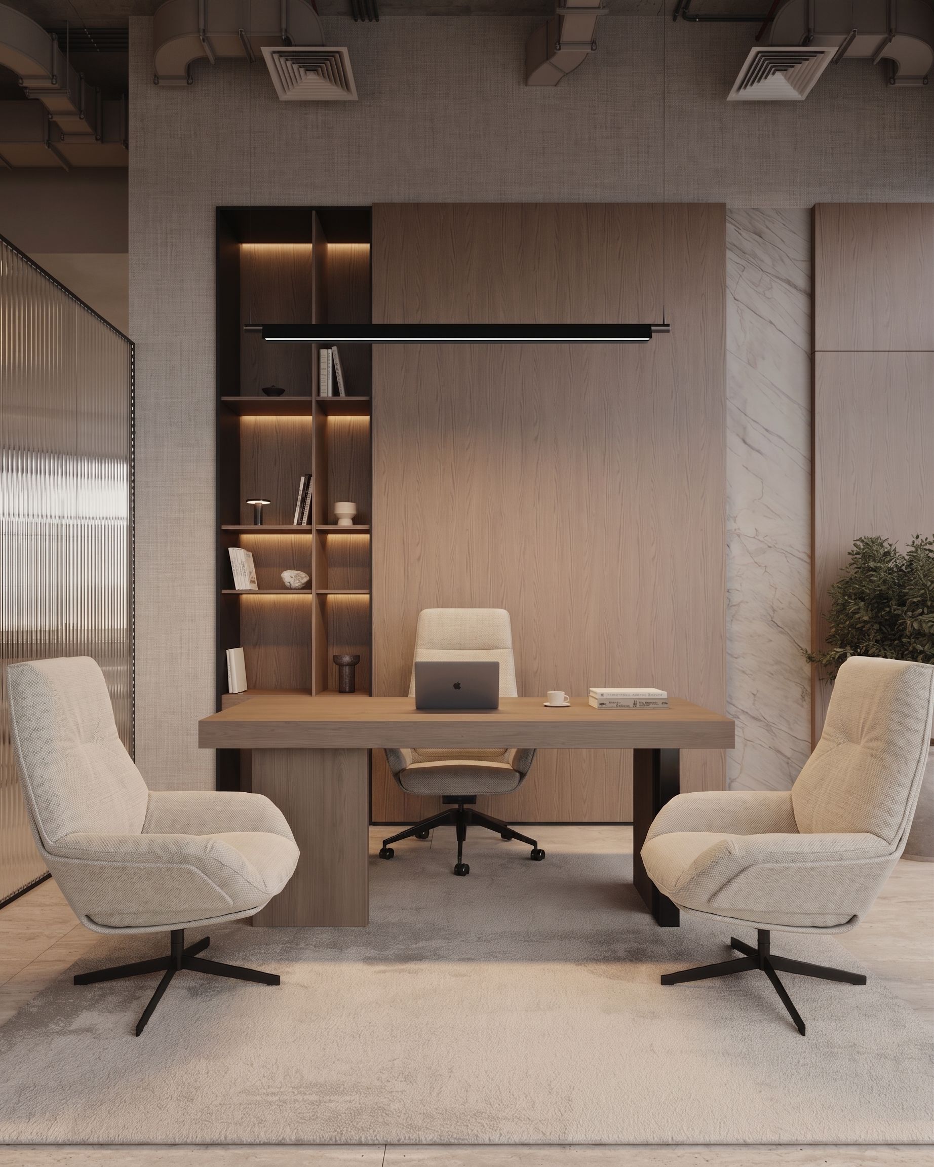 Tailored furniture and material composition in pale timber and stone