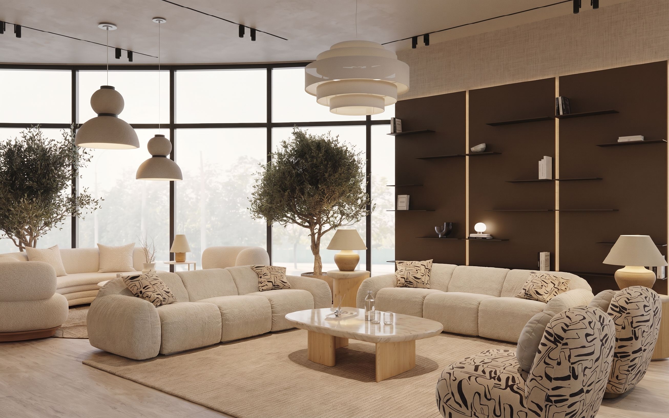 Ivory-toned salon with repeated seating and suspended lighting