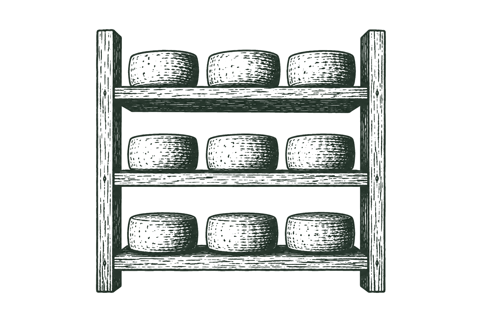 Etching of cheese wheels on aging shelves