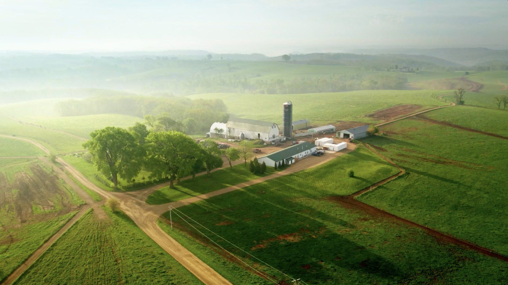 Aerial view of the farmstead on Pleasant Ridge at dawn