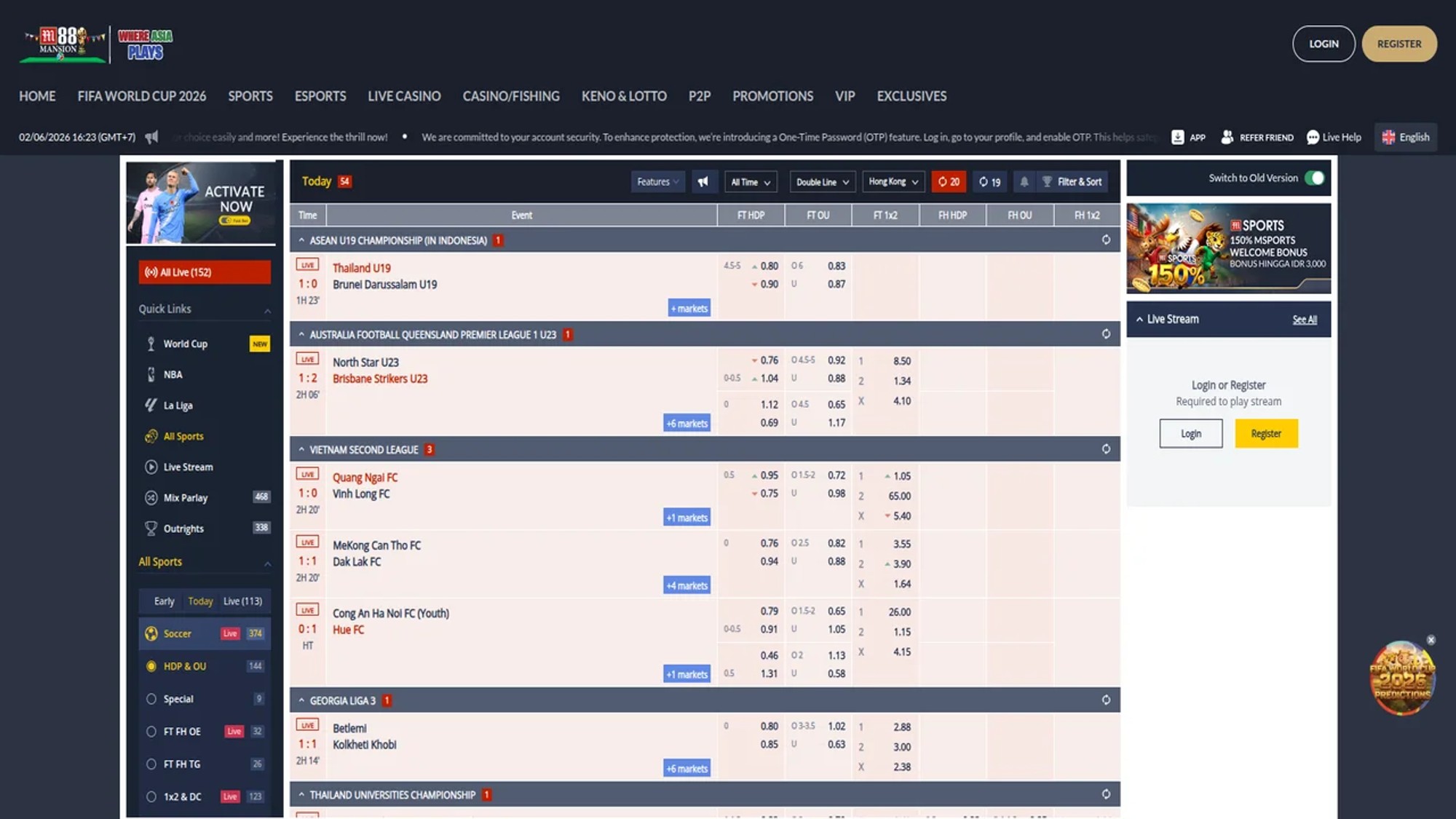 M88 Sportsbook With Asian Odds View