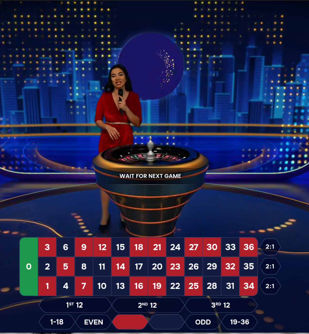 Live roulette wheel beside a game show style betting grid