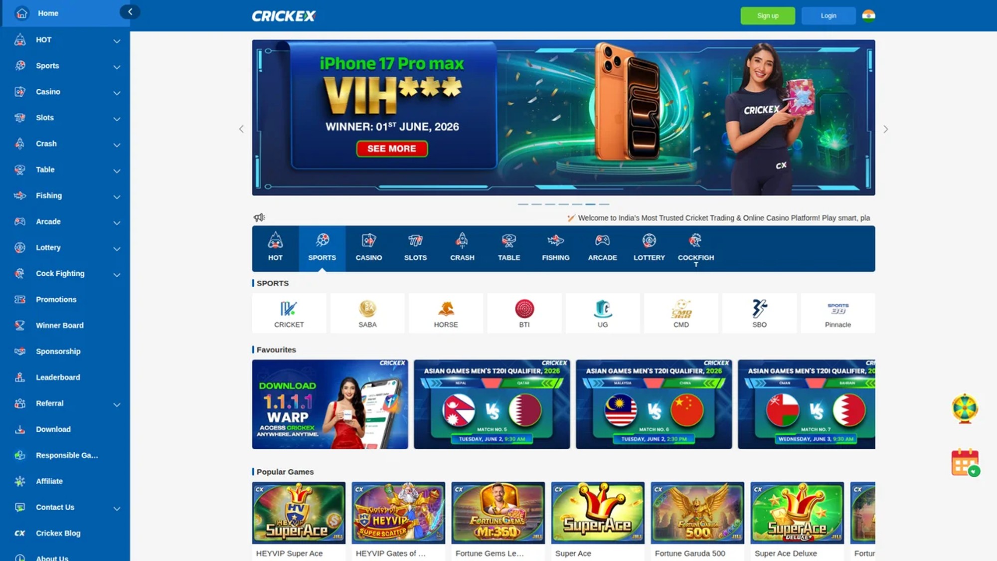 Crickex Homepage - Sportsbook, Live Casino, Slots, Fishing and more