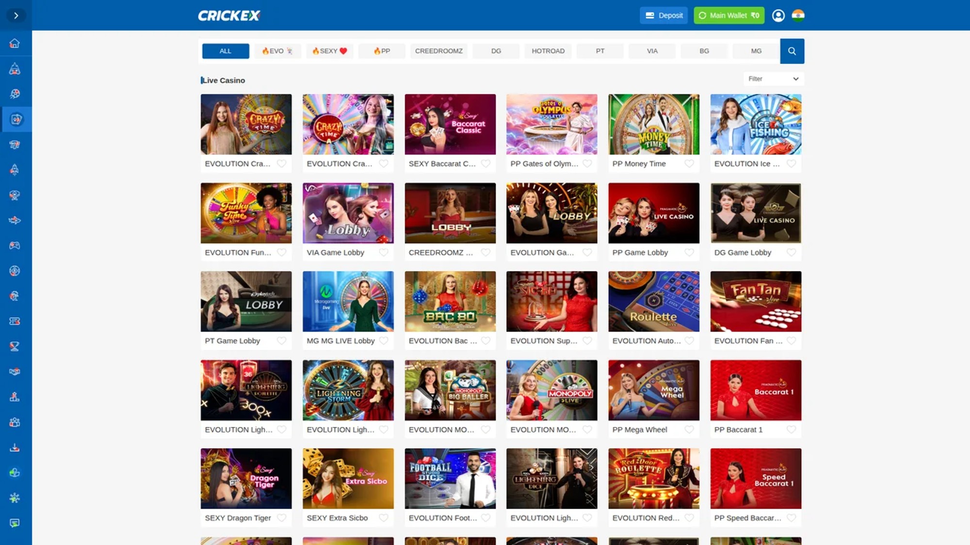 Crickex Live Casino Lobby