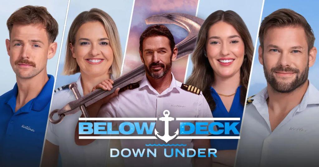 Title card for Below Deck Down Under showing five smiling cast members, one woman holding a large anchor.