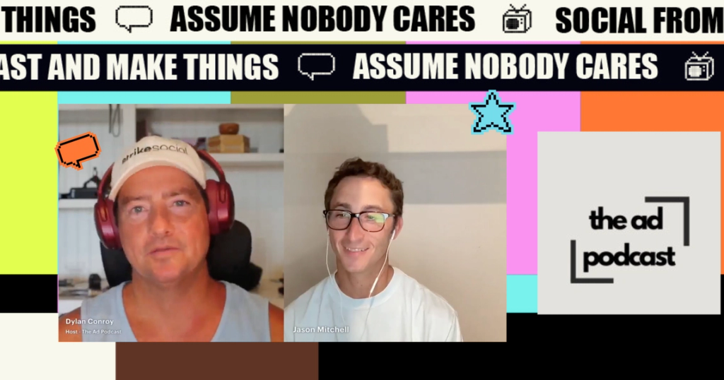 Screenshot of "the ad podcast" featuring Dylan Conroy and Jason Mitchell in a video call with a colorful, geometric background.