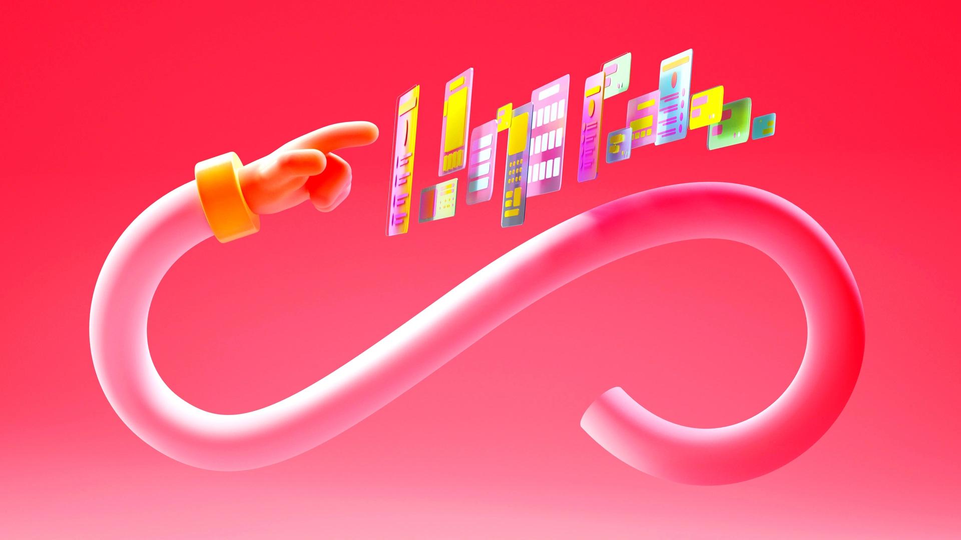 A pink, stylized arm forms an infinity symbol, pointing towards multiple colorful, floating app screens on a red background.