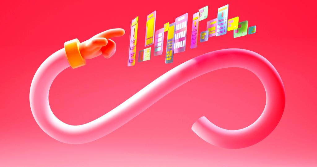 A pink, stylized arm forms an infinity symbol, pointing towards multiple colorful, floating app screens on a red background.
