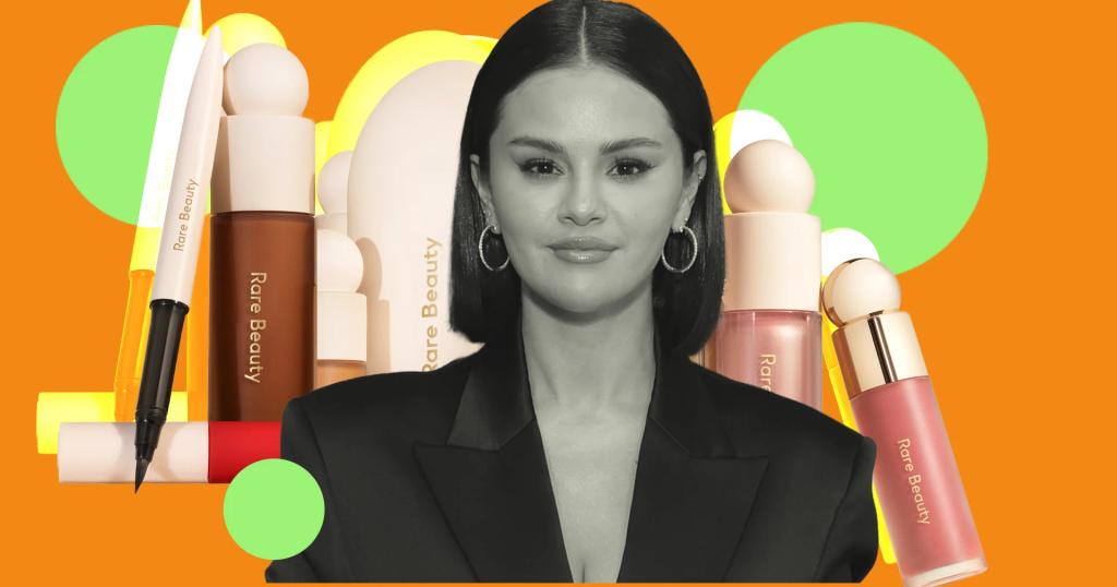 Selena Gomez in grayscale with various Rare Beauty makeup products on an orange background with green and yellow circles.