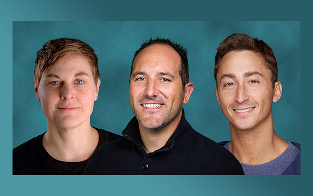 Three smiling leaders, posing against a teal background.