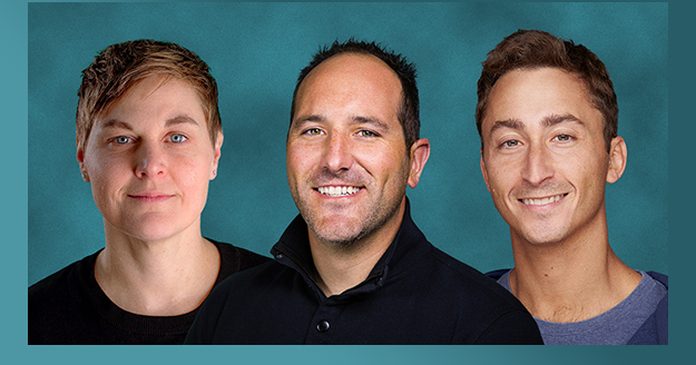 Three smiling leaders, posing against a teal background.