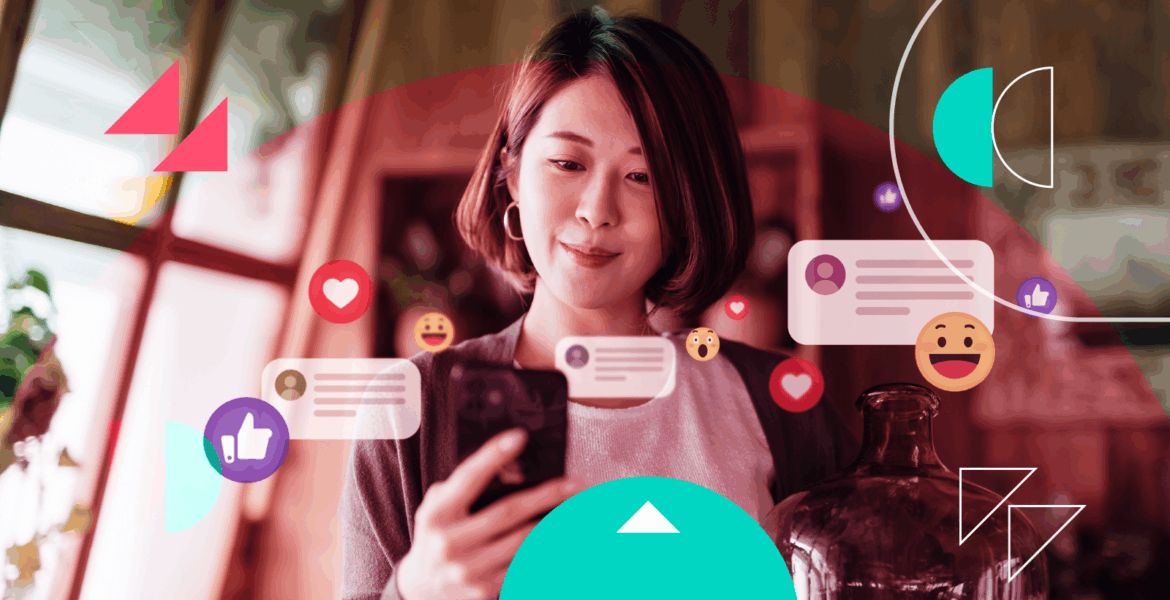 Smiling woman using her phone, surrounded by social media icons and emojis.