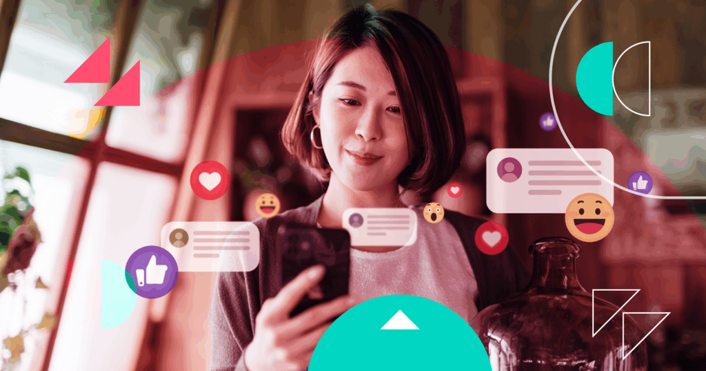 Smiling woman using her phone, surrounded by social media icons and emojis.
