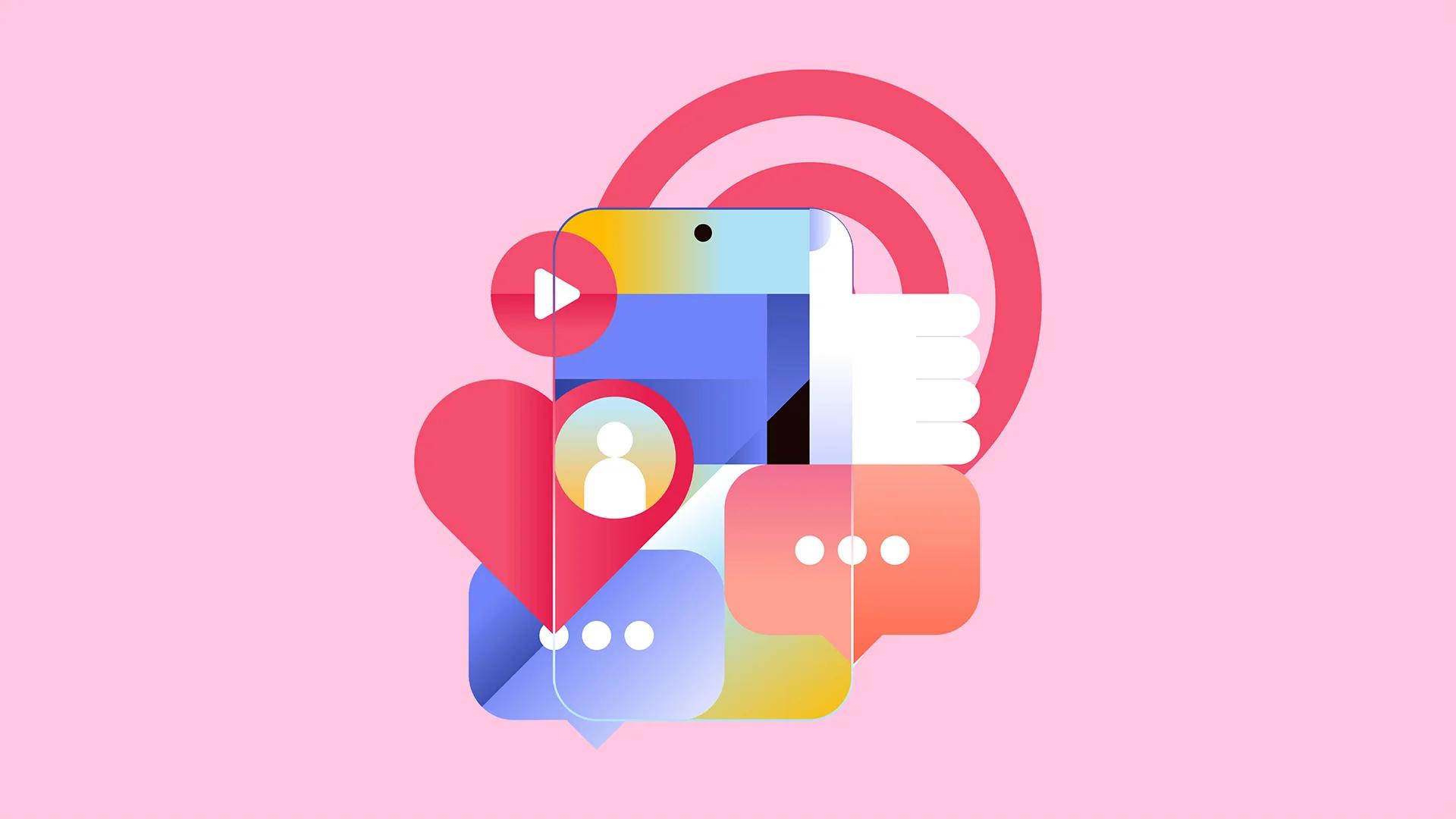 A smartphone surrounded by social media icons (likes, comments, video, profile) and a target symbol.