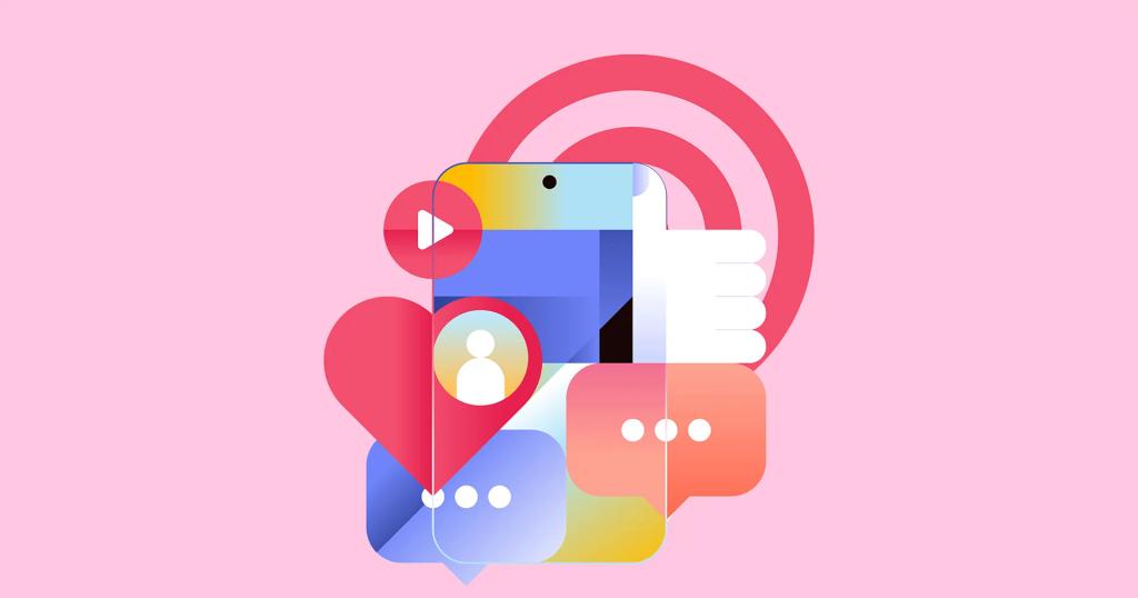 A smartphone surrounded by social media icons (likes, comments, video, profile) and a target symbol.