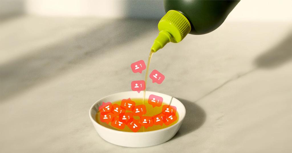 An olive oil bottle pours oil and social media follower icons into a white bowl.