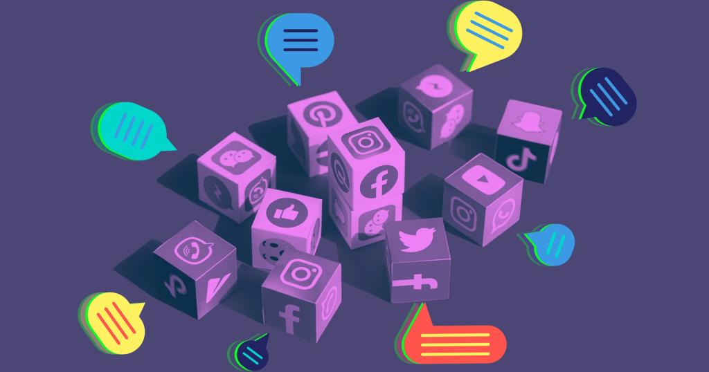 Isometric 3D purple cubes with social media logos and colorful chat bubbles on a dark background.