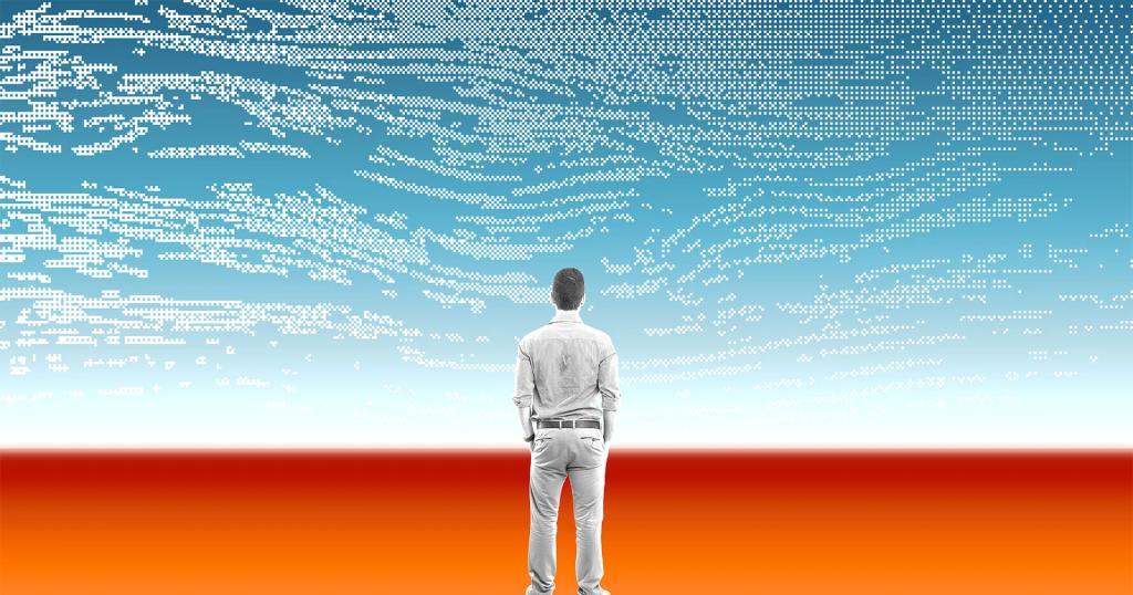 Man from behind looks up at a pixelated blue sky over an orange-red landscape.