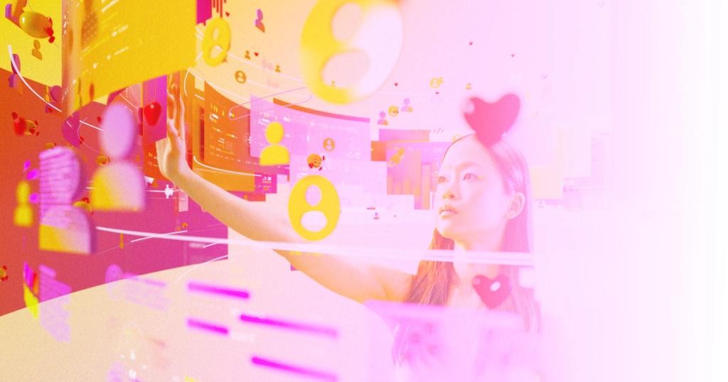 A woman interacts with a vibrant, holographic social media interface showing user profiles and hearts.