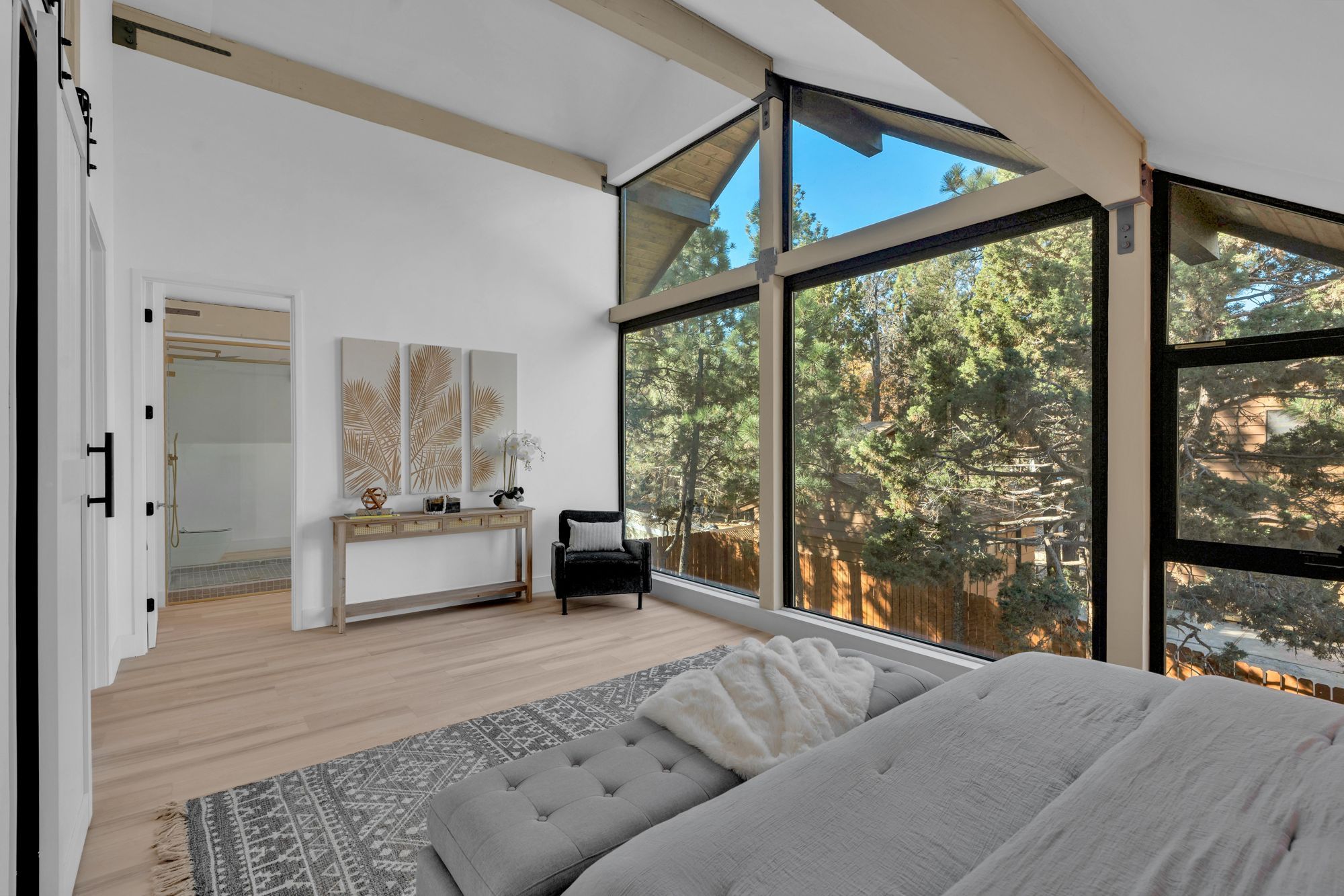 Cabin living room with large windows