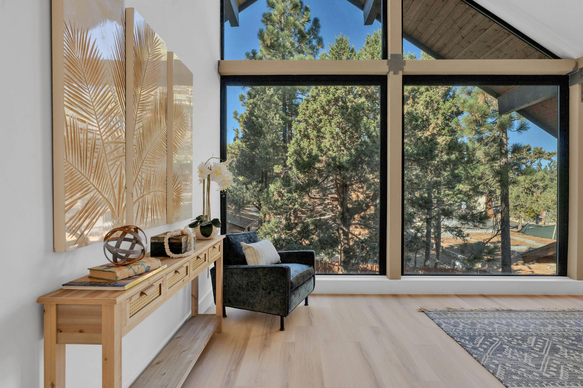 Open cabin floor plan with warm wood accents