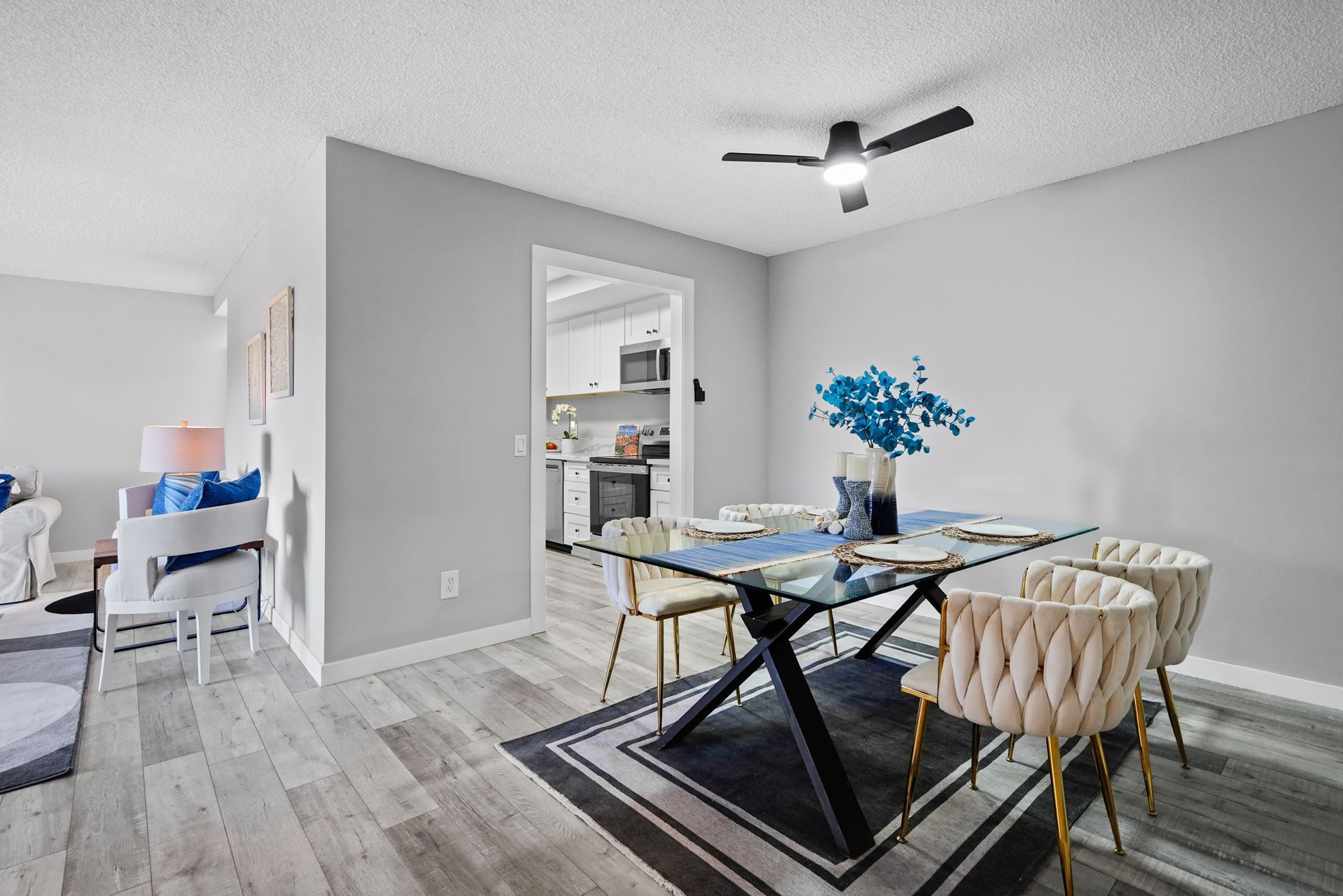 Dining area with modern decor and coastal accents