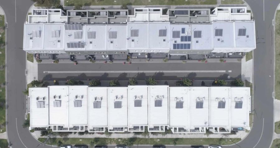 Aerial top-down view of a townhouse development