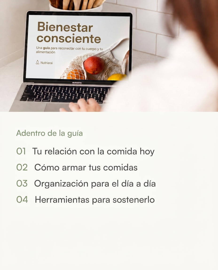 Los cuatro temas de la guía junto a la guía abierta en una laptop